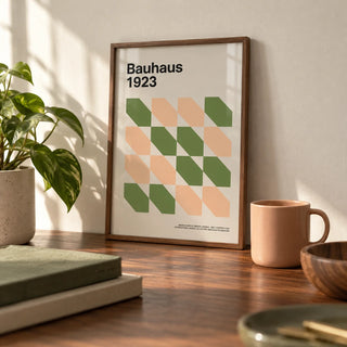 Art Prints Mid Century, a small A4 framed print leaning on a walnut desk