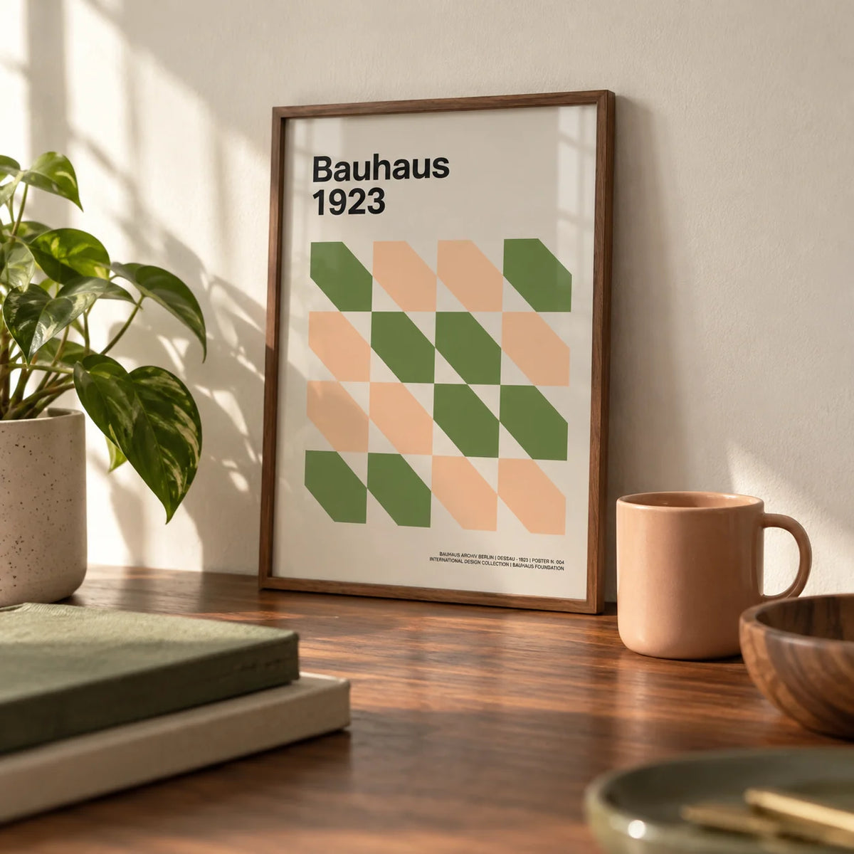 Art Prints Mid Century, a small A4 framed print leaning on a walnut desk