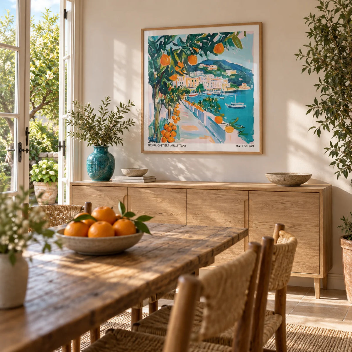 Art Prints of Italy, framed on the wall of a bright dining room with French doors to a garden and a warm white wall