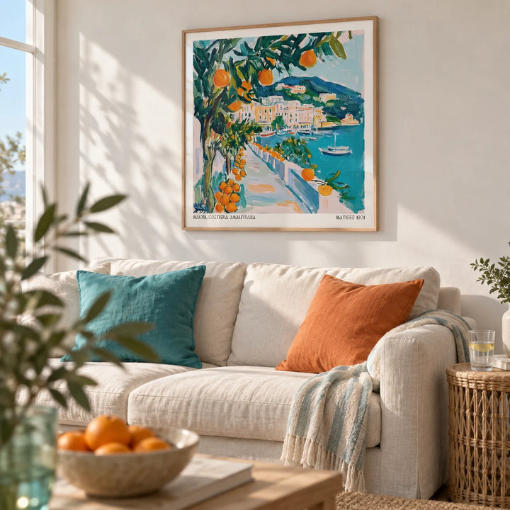 Art Prints of Italy, framed on the wall of a light coastal living room with a soft white wall