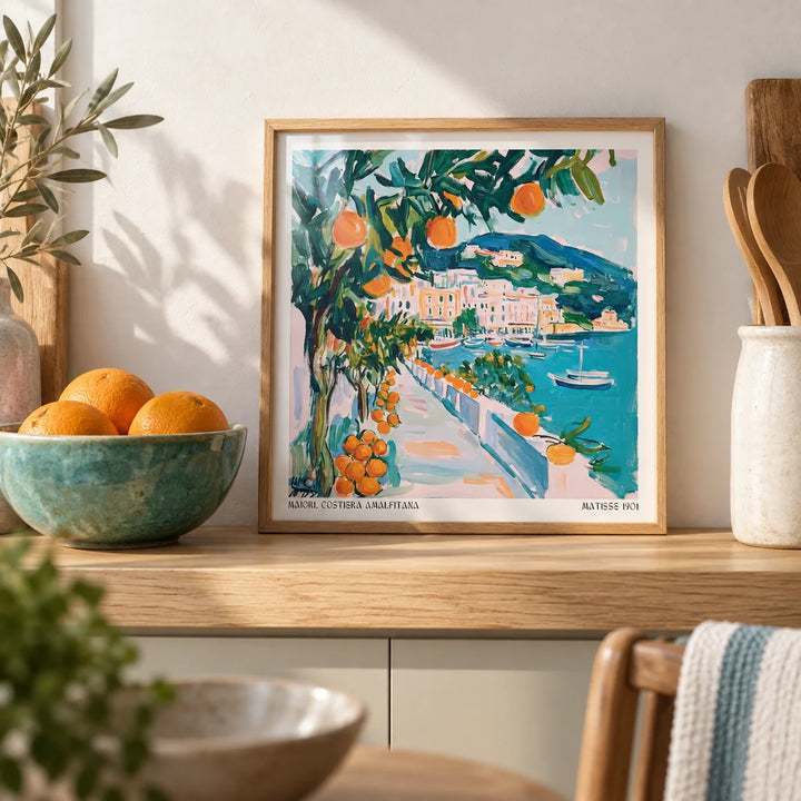 Art Prints of Italy, a small A4 framed print leaning on a pale oak kitchen shelf