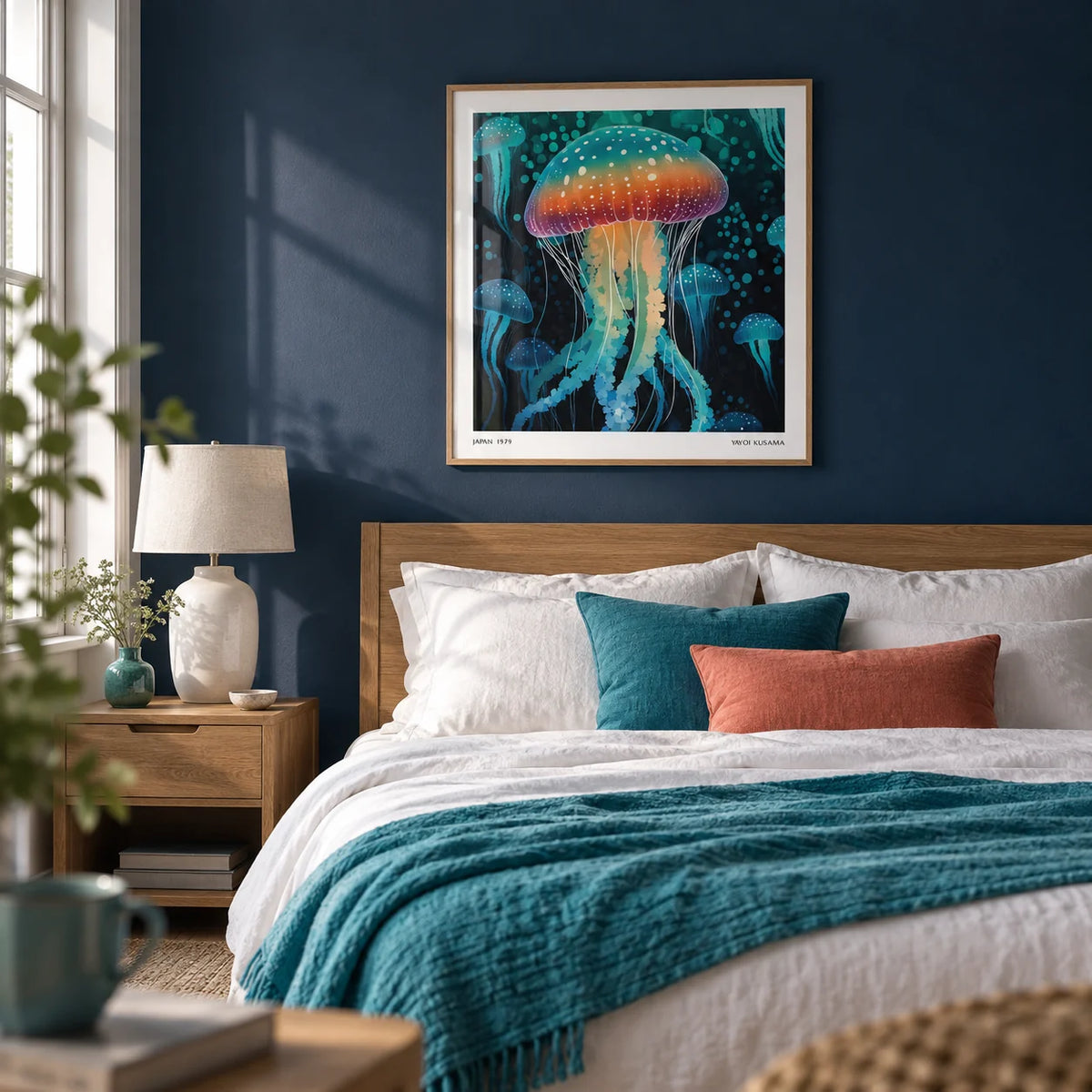Art Unique Wall, framed on the wall of a calm bedroom with a navy painted wall