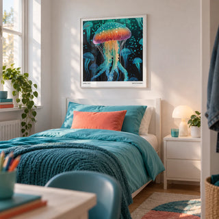 Art Unique Wall, framed on the wall of a modern teen bedroom (13-17) with a white wall