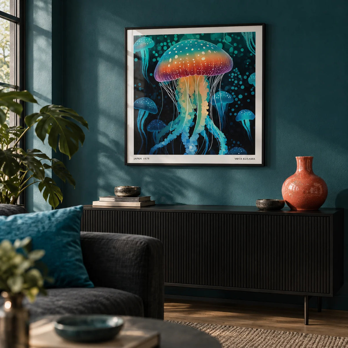 Art Unique Wall, framed on the wall of a moody modern living room with a deep teal wall