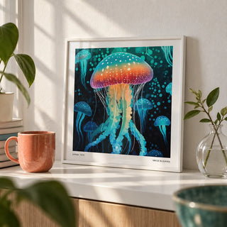 Art Unique Wall, a small A4 framed print leaning on a white shelf in a living room