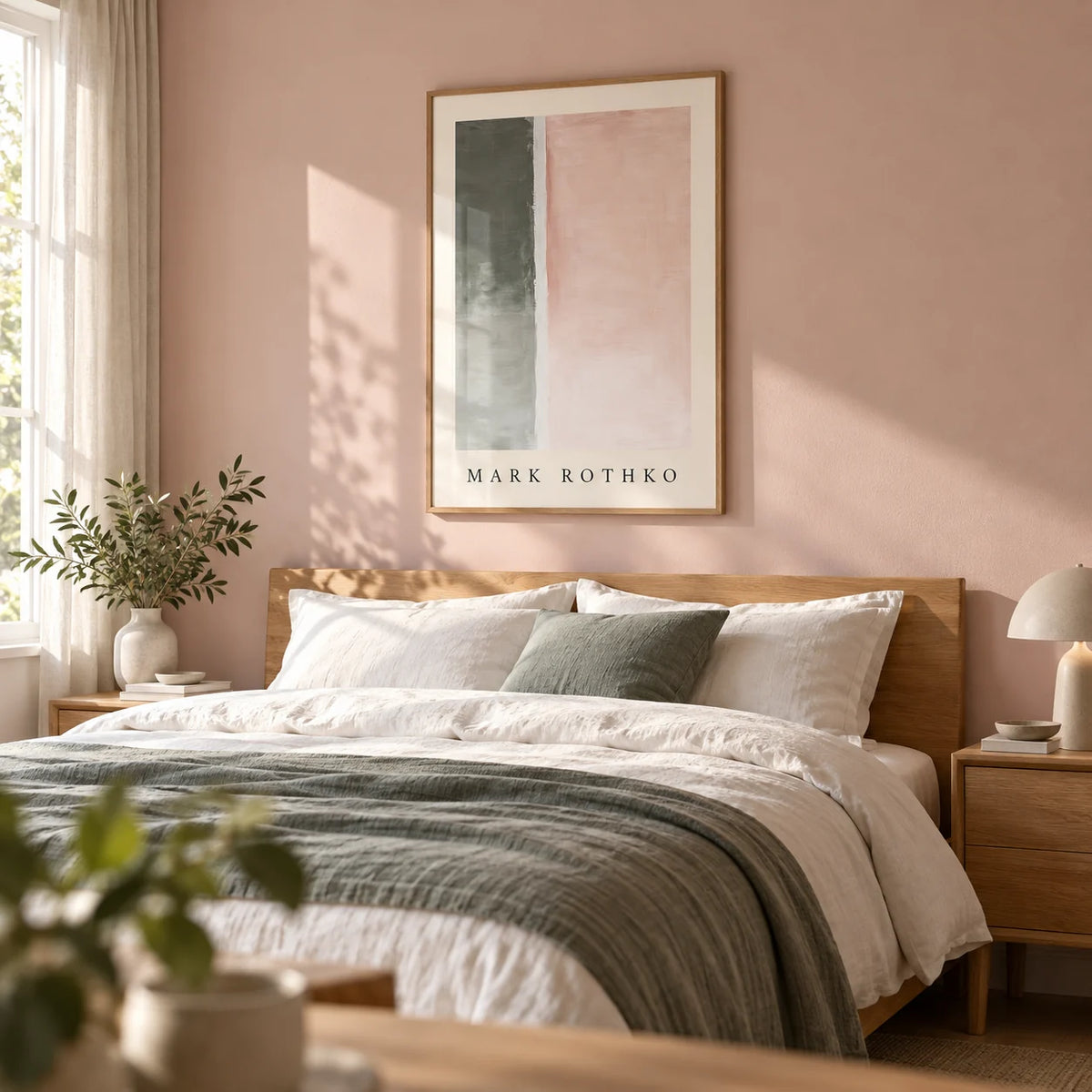 Art Wall Painting, framed on the wall of a calm bedroom with a soft blush pink painted wall