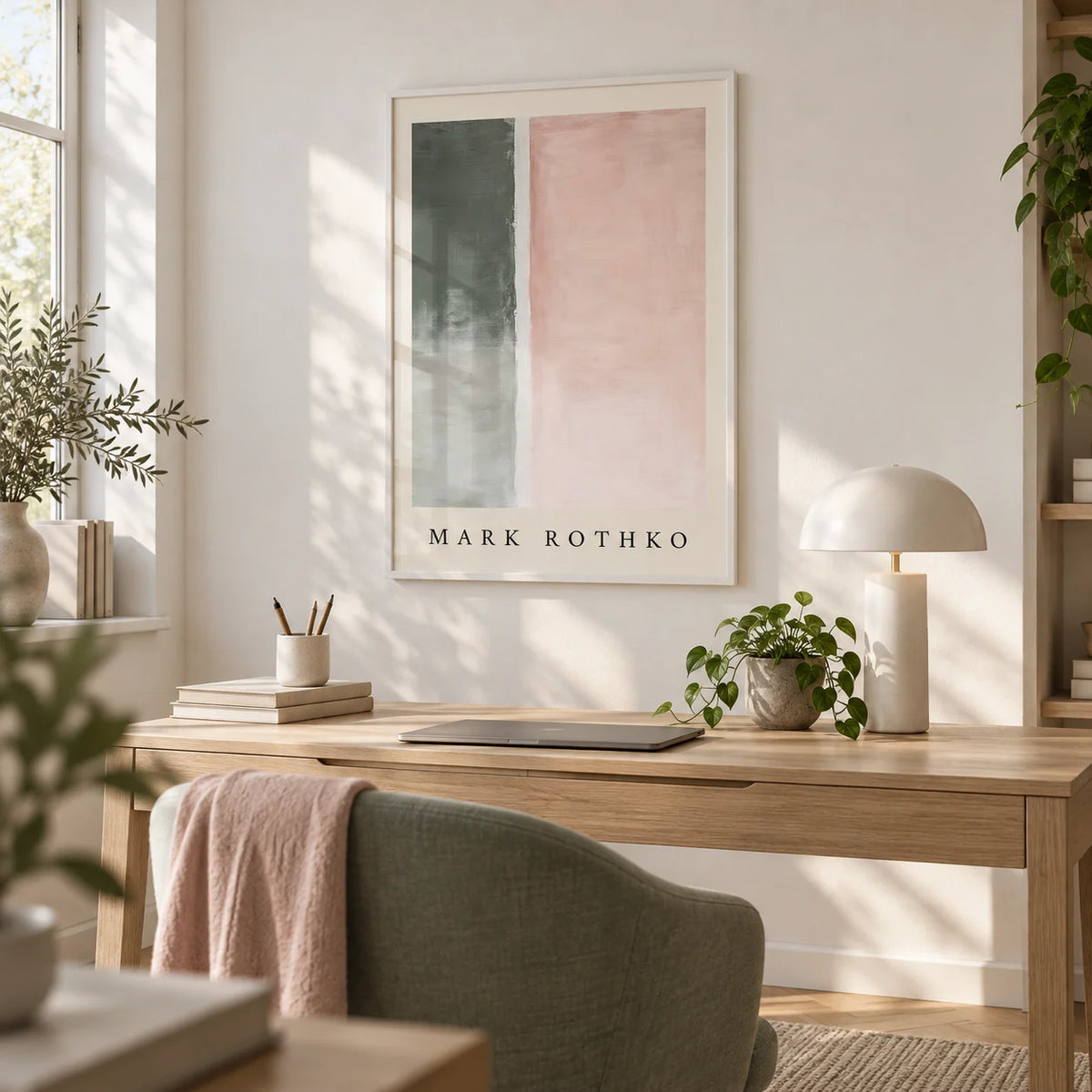 Art Wall Painting, framed on the wall of a calm home office with a white wall