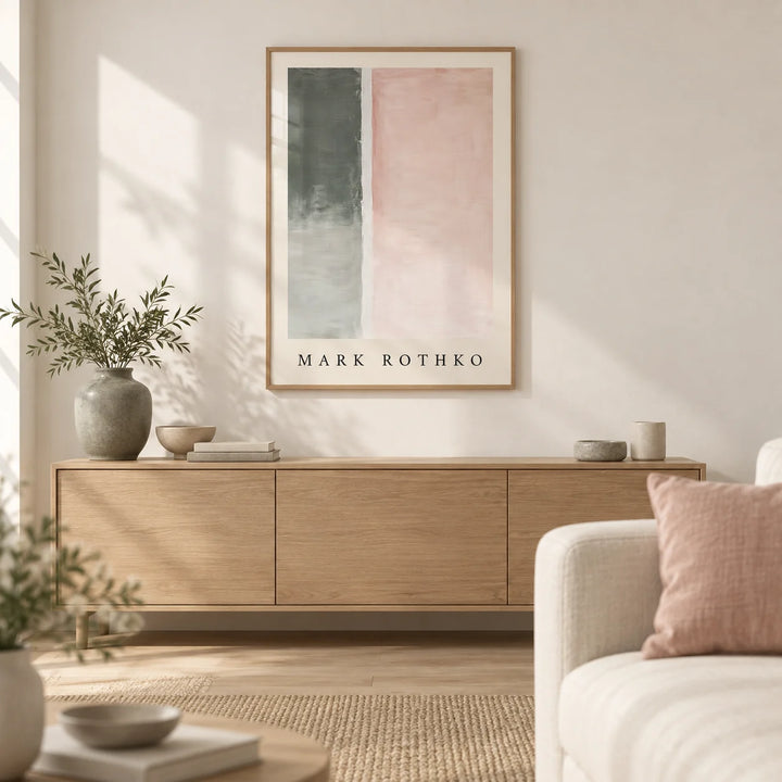 Art Wall Painting, framed on the wall of a calm Scandi living room with a warm white wall and a pale oak floor