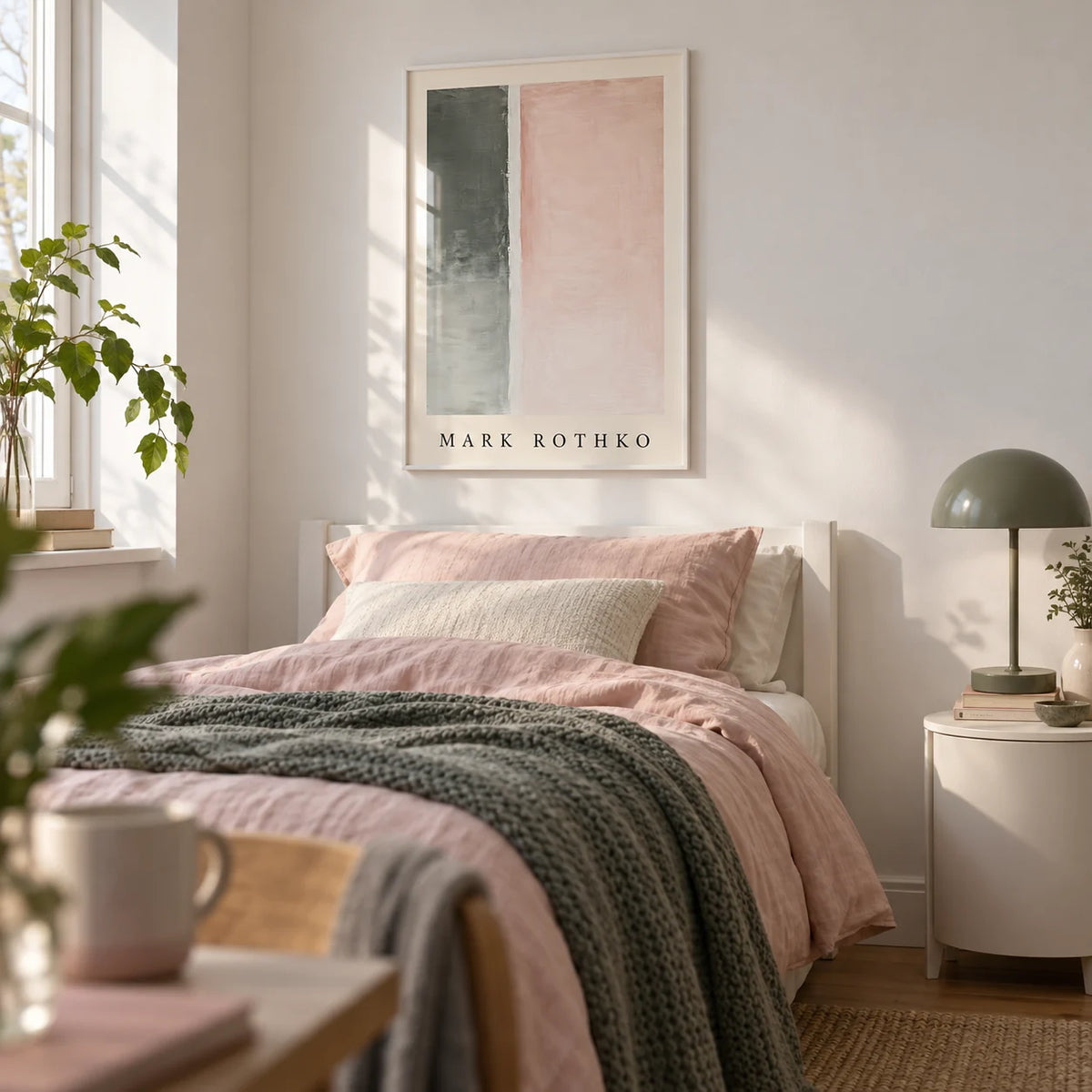 Art Wall Painting, framed on the wall of a calm single bedroom for a young adult (18-25) with a white wall