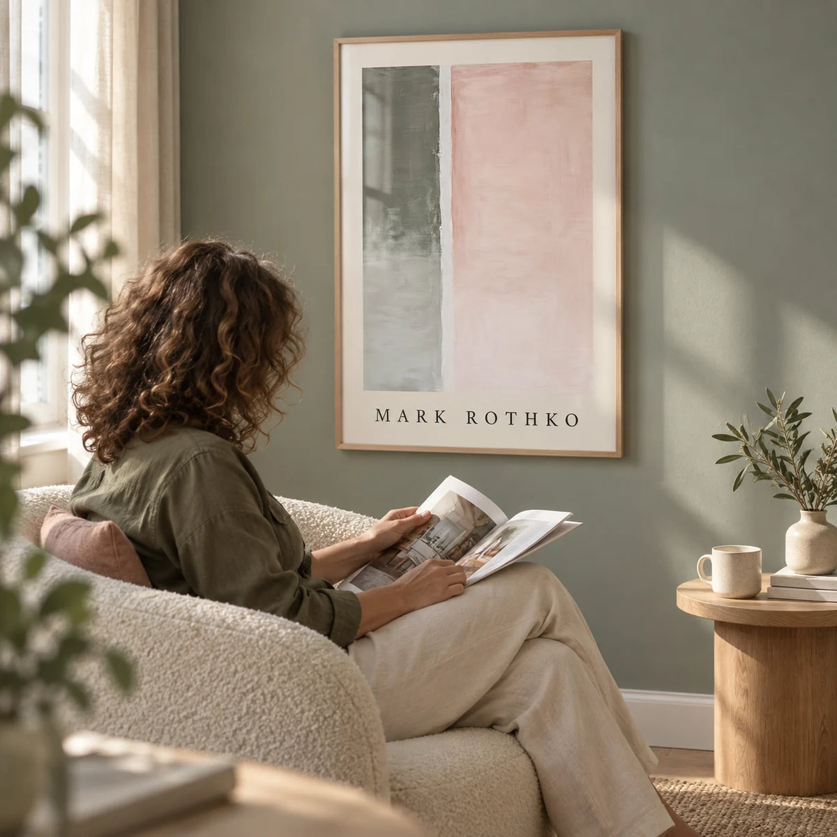 Art Wall Painting, framed on the wall of a quiet reading corner with a soft grey-green wall in a living room
