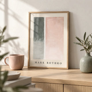 Art Wall Painting, a small A4 framed print leaning on a pale oak shelf in a living room