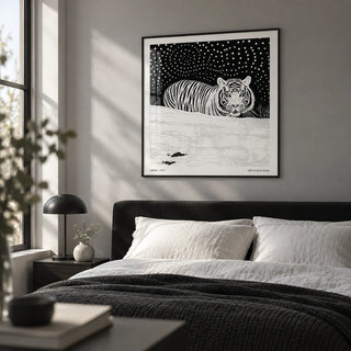 Art White Tiger, framed on the wall of a calm monochrome bedroom with a soft grey wall