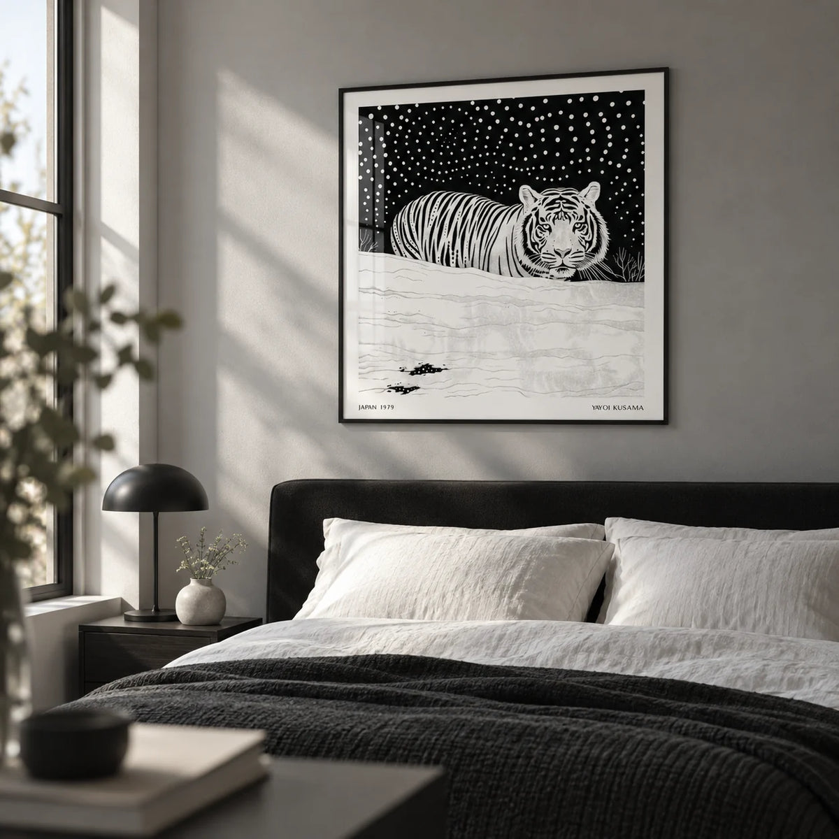Art White Tiger, framed on the wall of a calm monochrome bedroom with a soft grey wall
