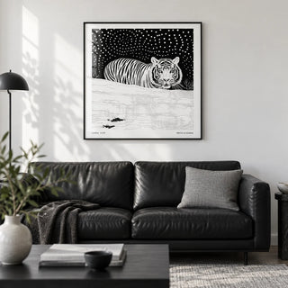 Art White Tiger, framed on the wall of a modern monochrome living room with a crisp white wall