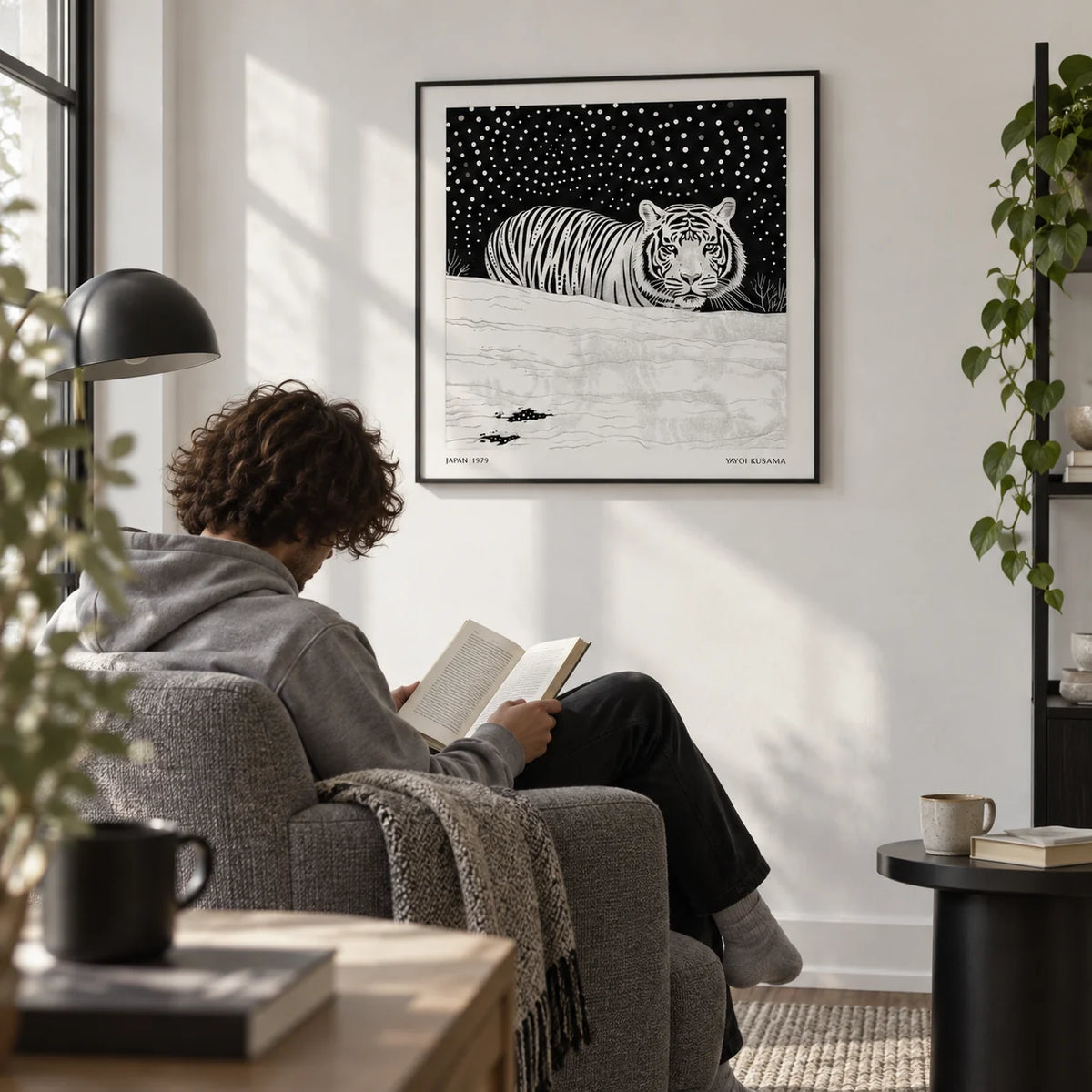 Art White Tiger, framed on the wall of a modern reading corner with a white wall in a living room