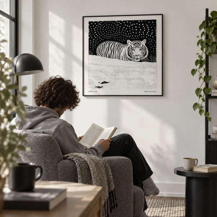 Art White Tiger, framed on the wall of a modern reading corner with a white wall in a living room