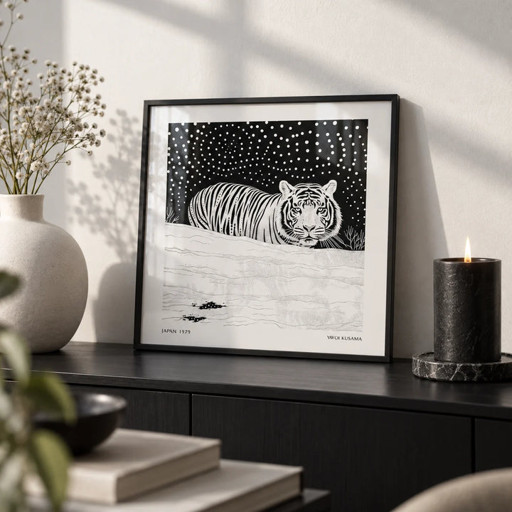 Art White Tiger, a small A4 framed print leaning on a black shelf in a living room