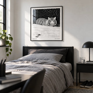 Art White Tiger, framed on the wall of a teen boy's bedroom (13-17) with a white wall
