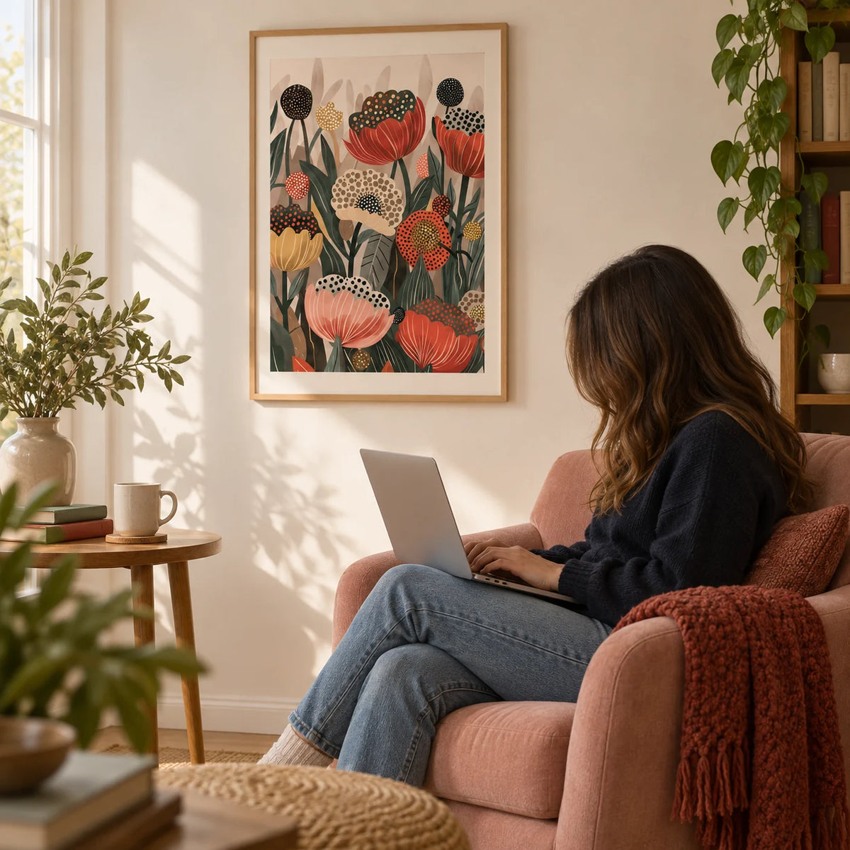 Art with Poppies, framed on the wall of a cosy reading corner with a warm white wall in a living room