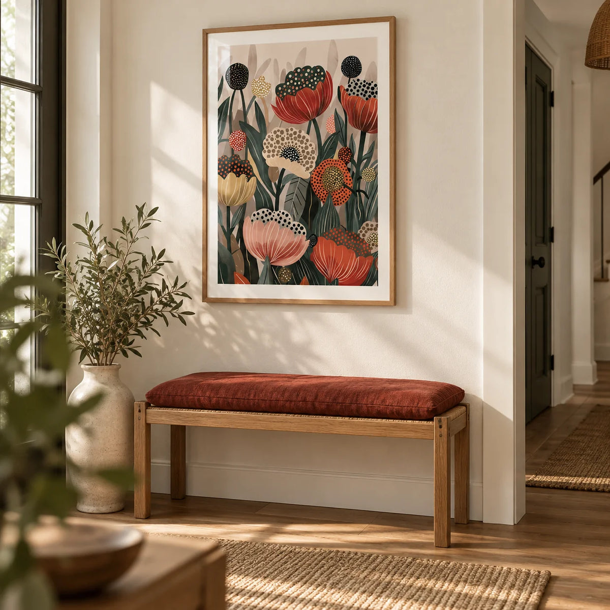 Art with Poppies, framed on the wall of a cottage-modern hallway with a cream wall