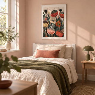 Art with Poppies, framed on the wall of a pretty single guest bedroom with a pale blush wall