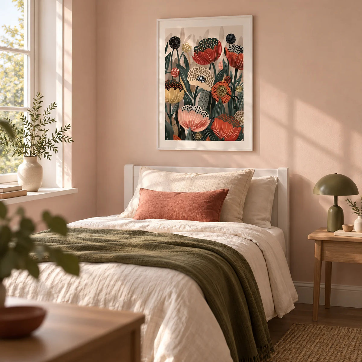 Art with Poppies, framed on the wall of a pretty single guest bedroom with a pale blush wall