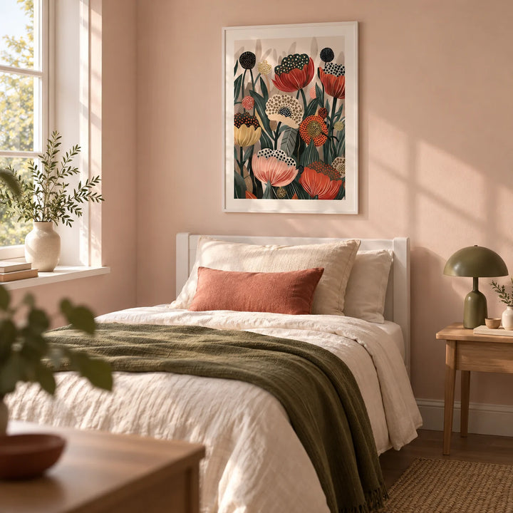 Art with Poppies, framed on the wall of a pretty single guest bedroom with a pale blush wall