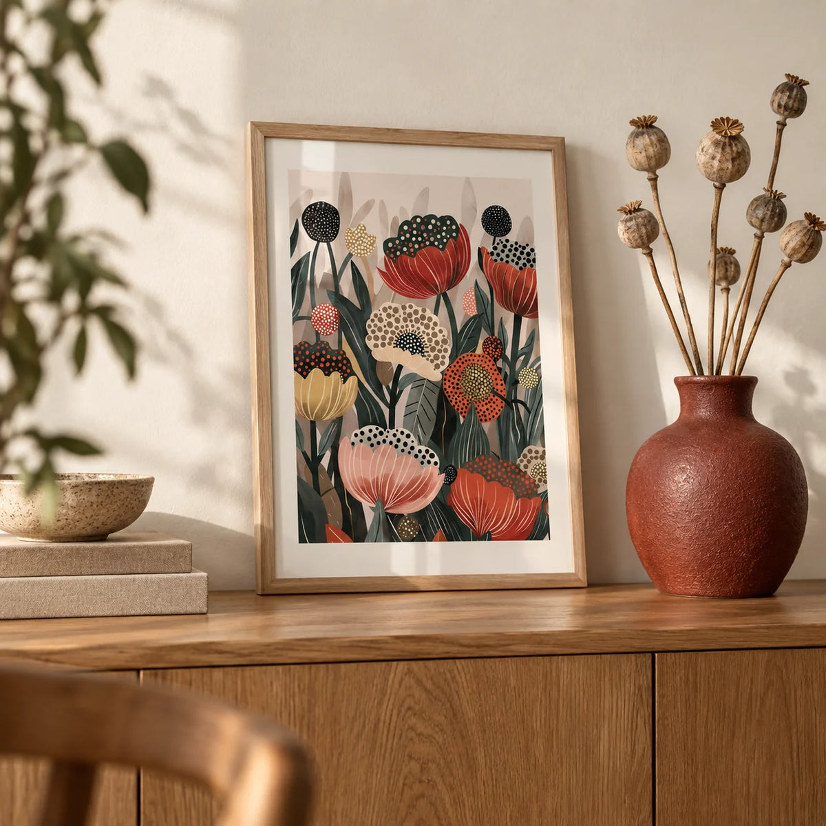 Art with Poppies, a small A4 framed print leaning on an oak sideboard in a living room