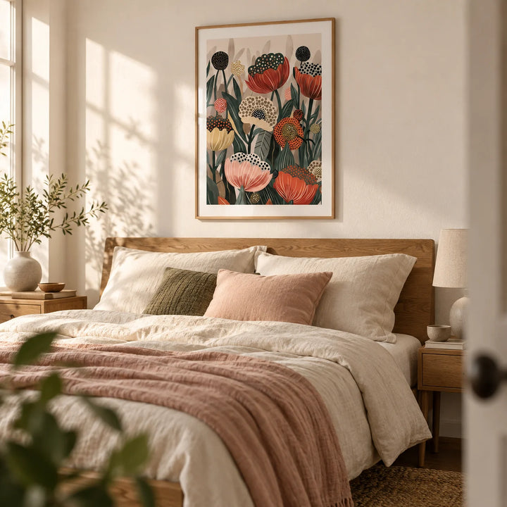 Art with Poppies, framed on the wall of a soft bedroom with a warm white wall