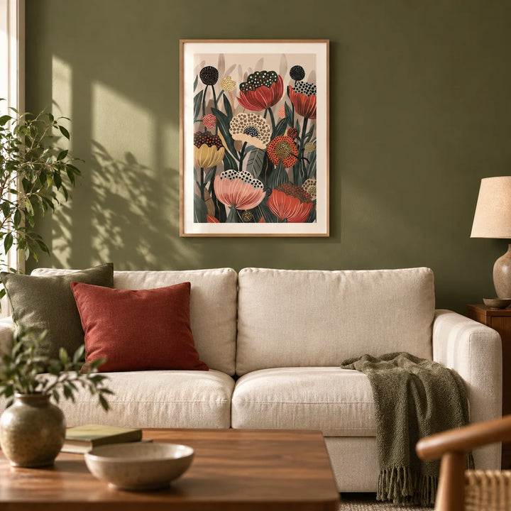 Art with Poppies, framed on the wall of a warm living room with an olive green painted wall