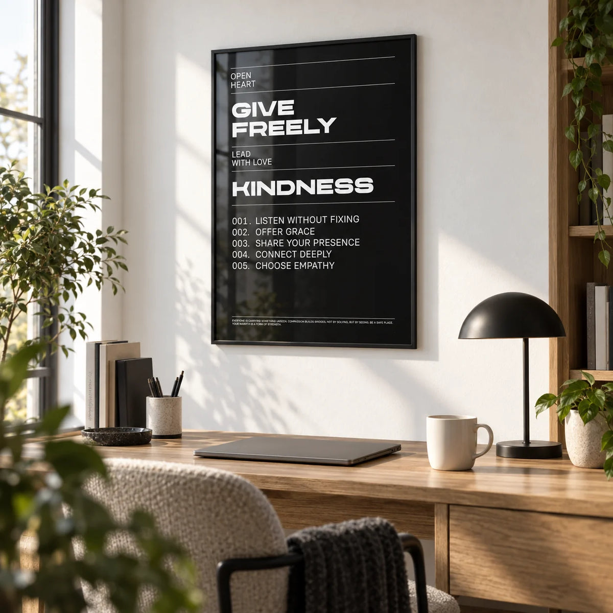 Art with Quote, framed on the wall of a bright home office with a white wall