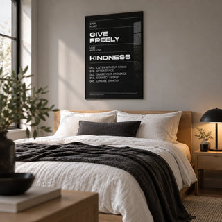 Art with Quote, framed on the wall of a calm modern bedroom with a soft grey wall