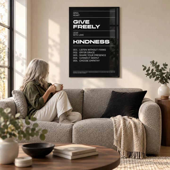 Art with Quote, framed on the wall of a modern living room with a warm white wall and a light oak floor