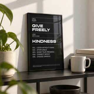 Art with Quote, a small A4 framed print leaning on a black metal shelf in a living room