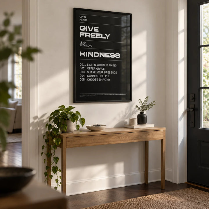 Art with Quote, framed on the wall of a welcoming entrance hall by the front door with a white wall and a dark wood floor
