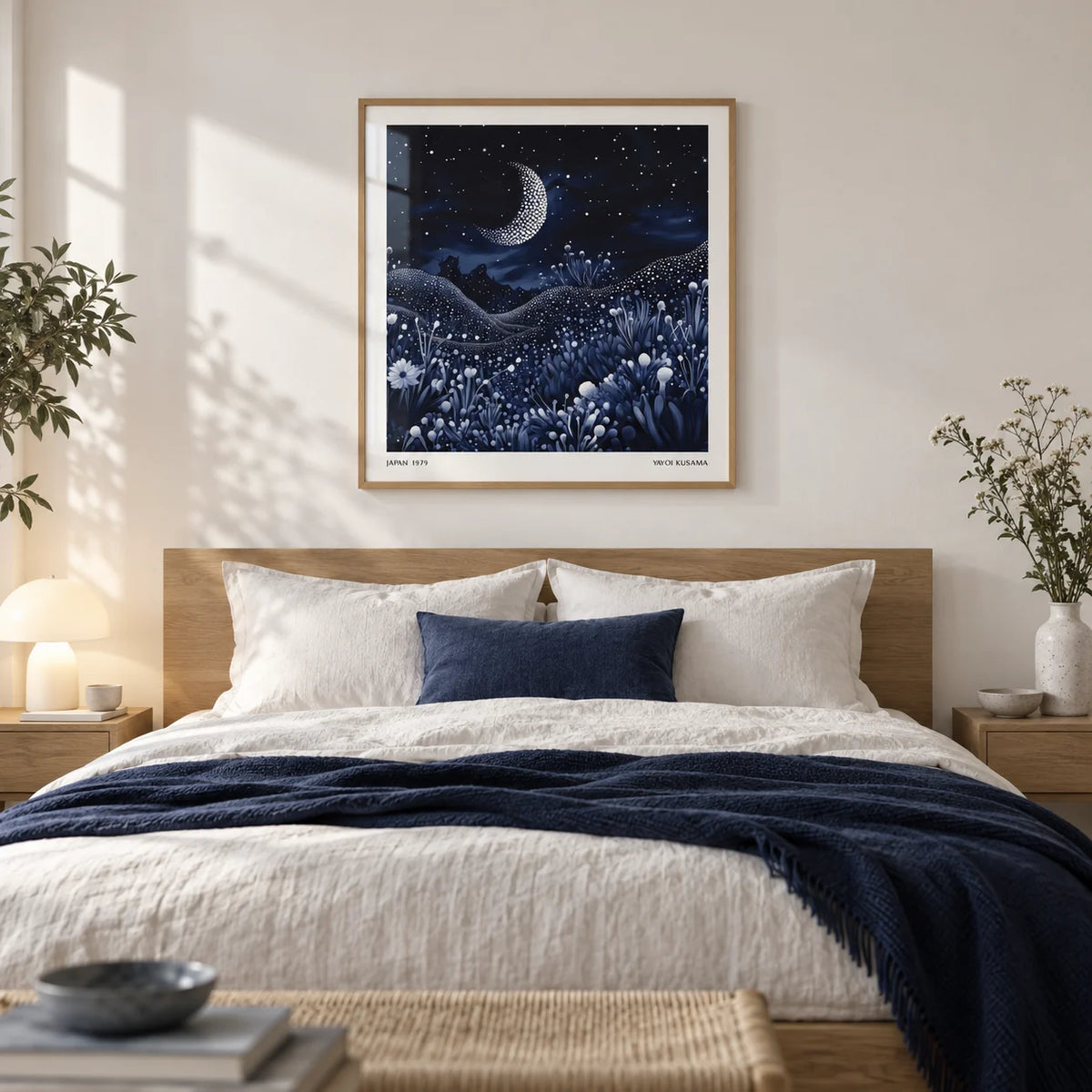 Art with the Moon, framed on the wall of a calm bedroom with a soft white wall