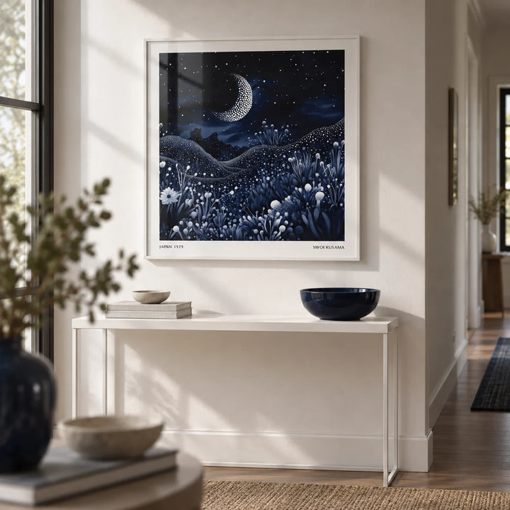Art with the Moon, framed on the wall of a calm hallway with a white wall