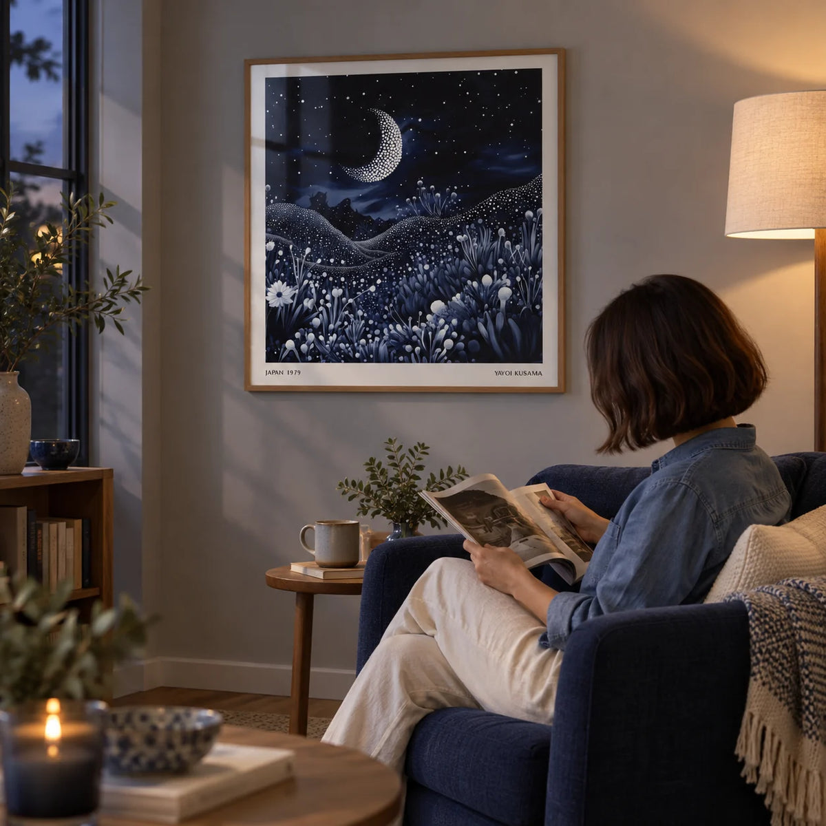 Art with the Moon, framed on the wall of a calm reading corner with a soft grey wall in the evening in a living room
