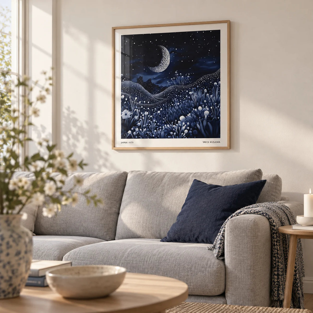 Art with the Moon, framed on the wall of a calm Scandi living room with a warm white wall