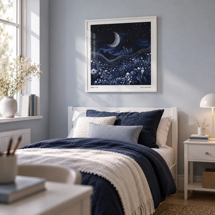 Art with the Moon, framed on the wall of a calm single bedroom for a teen girl (13-17) with a pale grey-blue wall