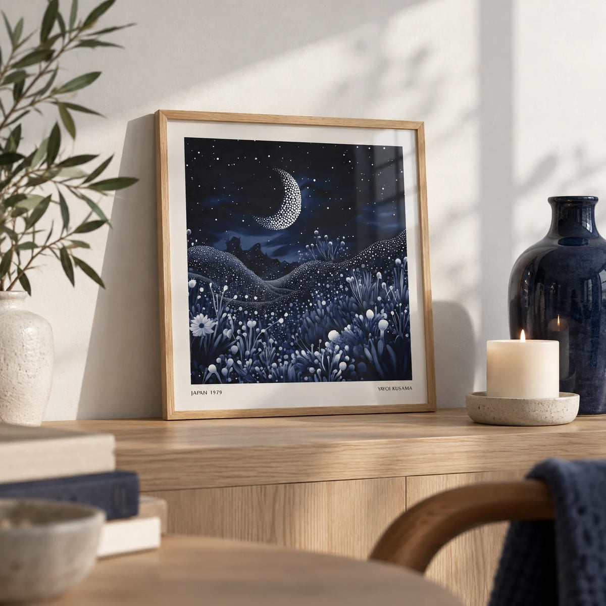 Art with the Moon, a small A4 framed print leaning on a pale oak shelf in a living room