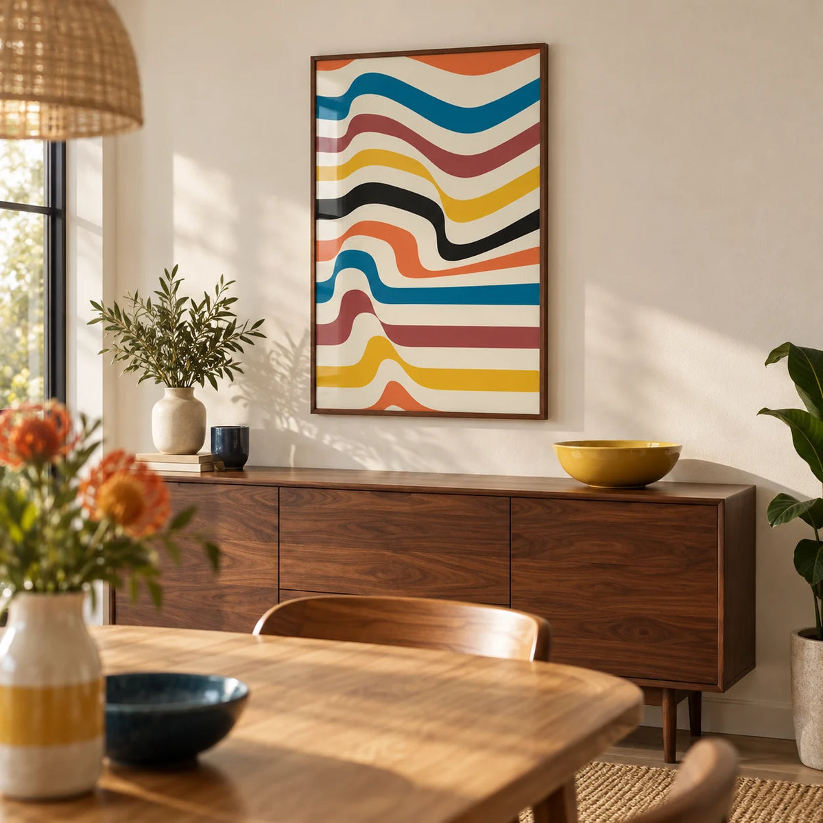 Art Work for Wall, framed on the wall of a dining room with a warm white wall