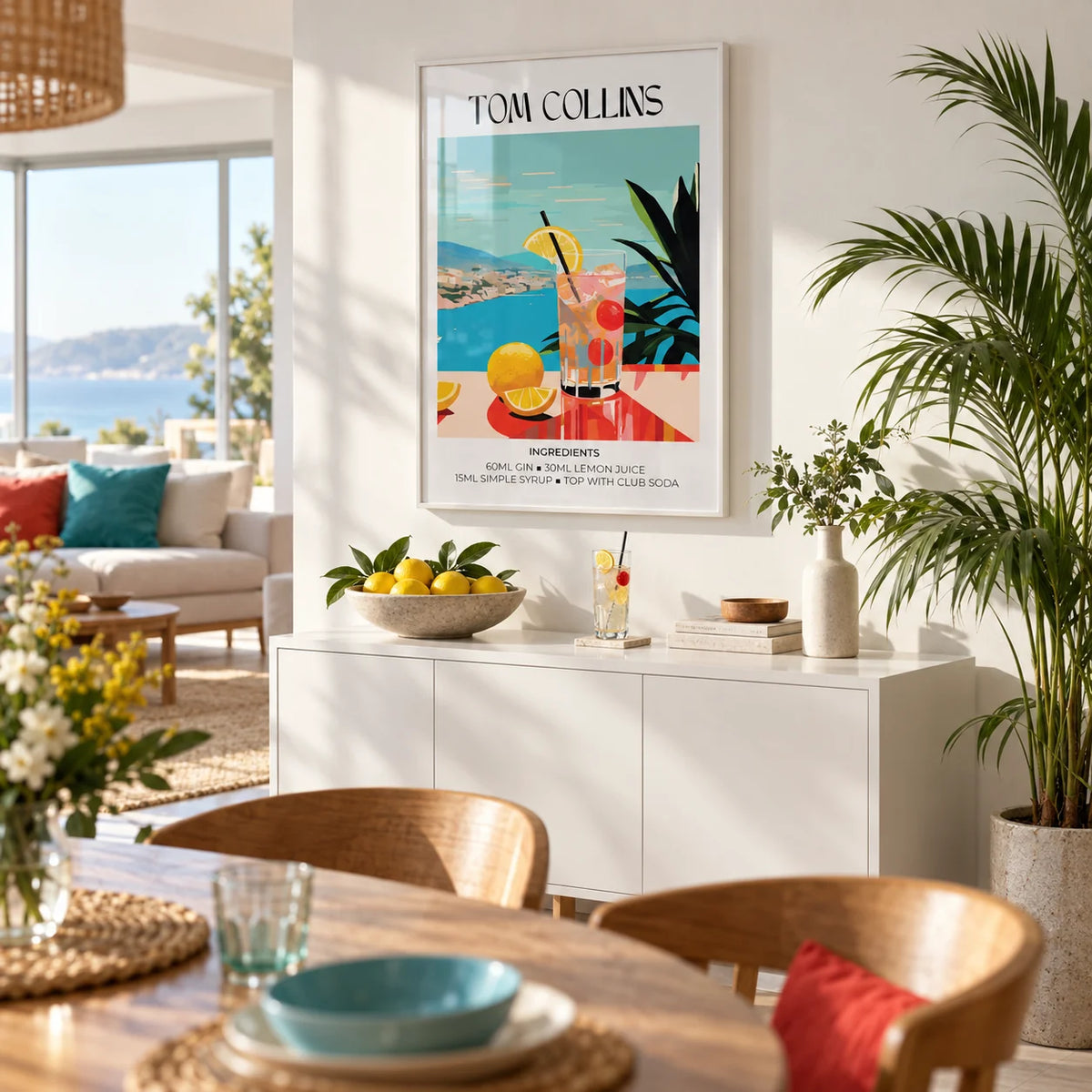 Artwork Bar, framed on the wall of a bright open-plan living and dining room with white walls and big windows