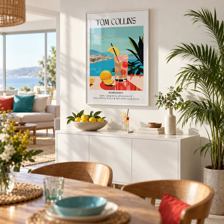 Artwork Bar, framed on the wall of a bright open-plan living and dining room with white walls and big windows
