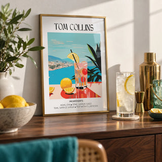 Artwork Bar, a small A4 framed print leaning on a walnut bar shelf in a living room