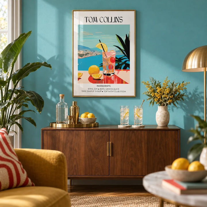 Artwork Bar, framed on the wall of a stylish home bar corner in a living room with a turquoise painted wall
