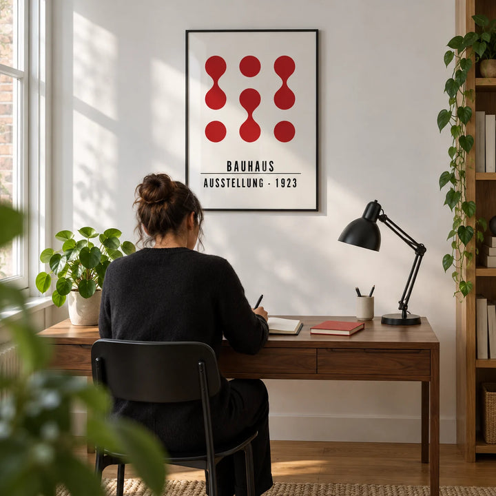Artwork for Office Walls, framed on the wall of a design-led home office in a UK city flat with a crisp white wall and oak flooring