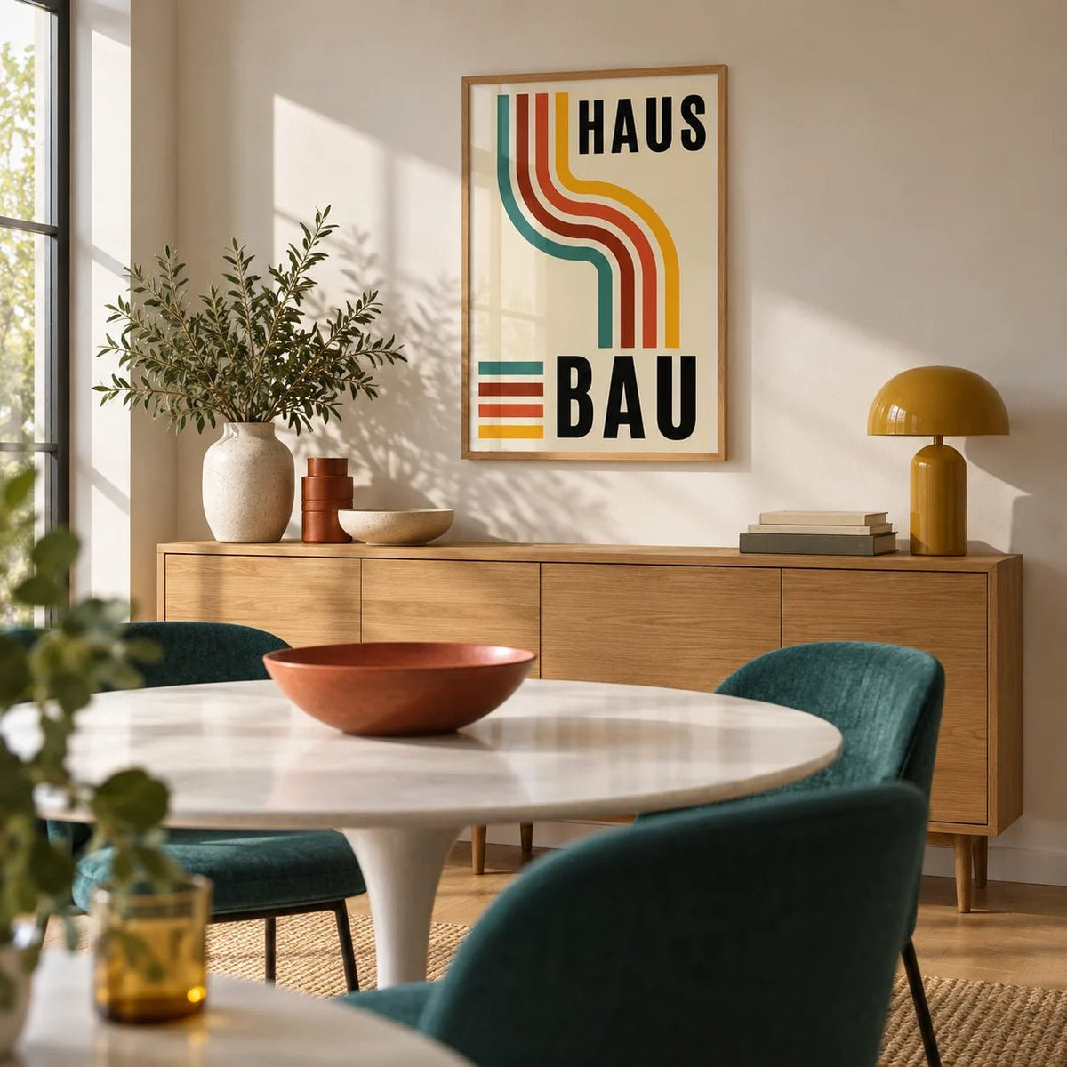 Artwork for the Office, framed on the wall of a modern dining room