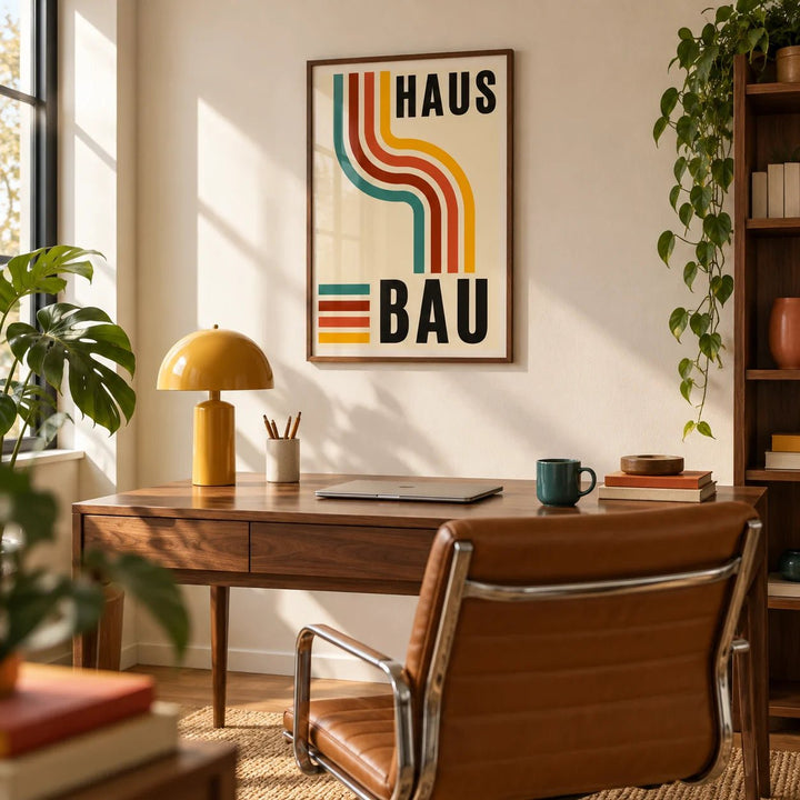 Artwork for the Office, framed on the wall of a retro-modern home office
