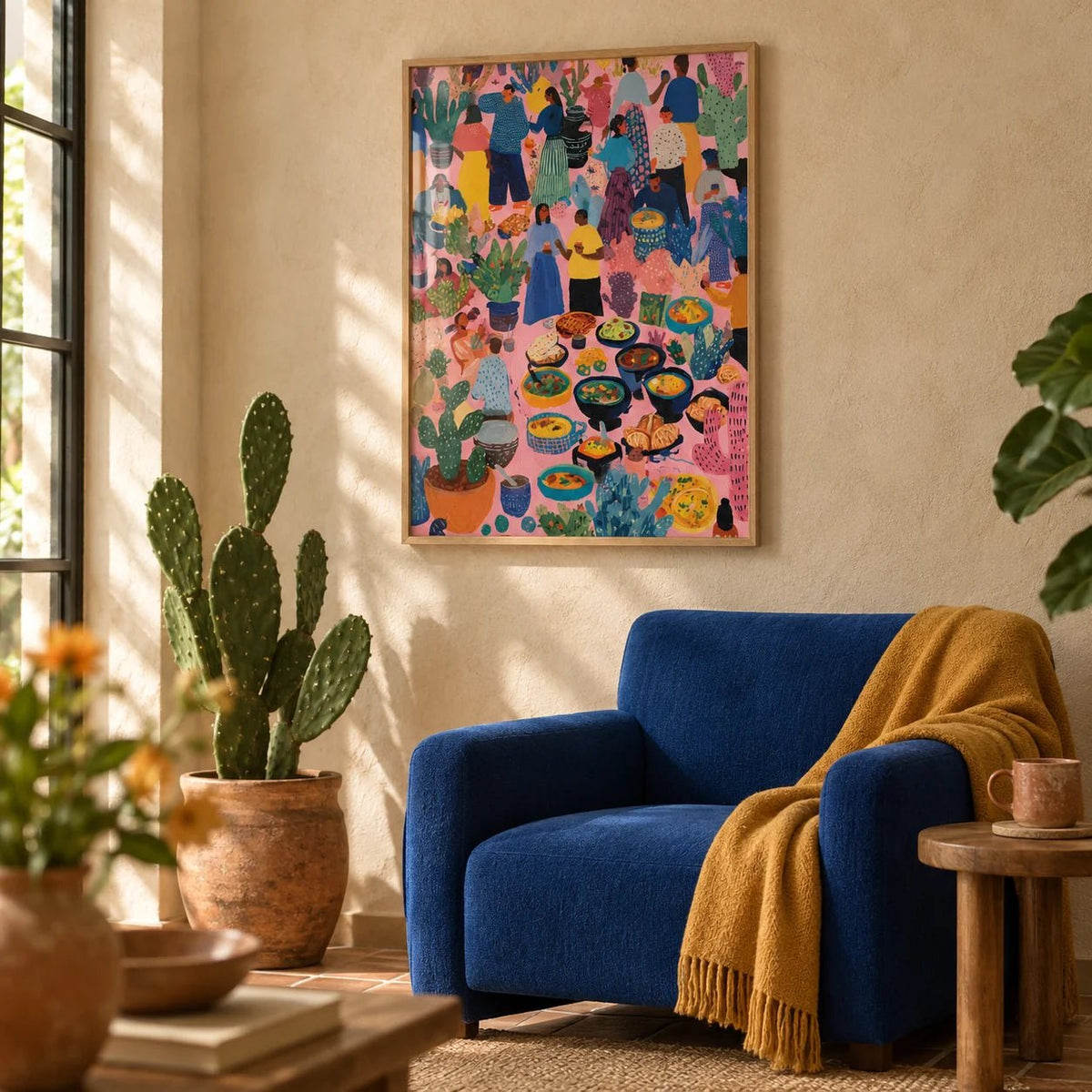 Artwork from Mexico, framed on the wall of a warm Mexican-modern living room corner
